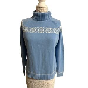 Izod Vintage Light Blue Turtleneck Sweater w/ White Snowflakes-Made in Hong Kong